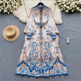 Casual Dresses Fashion Holiday Flower Long Dress Womens Turtleneck Lantern Sleeve Single Breasted Retro Paisley Print Maxi Party Vestidos 2024