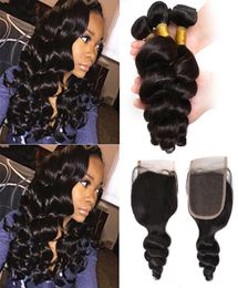 4x4 Loose Wave Silk Closure With Bundles 100 Human Hair Virgin Mongolian Wavy Human Hair No Shedding7067473