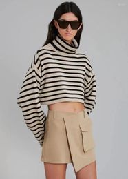 Women's Knits Sweater High Neck Striped Loose Long Sleeve Belly Button Short Peplum Autumn Mix And Match Jumper