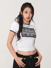 Women's T Shirts Women S Y2k Short Sleeve Crop Tops Sexy Round Neck Cute Bow Embroidery Ribbed Tight T-Shirts Aesthetics Streetwear