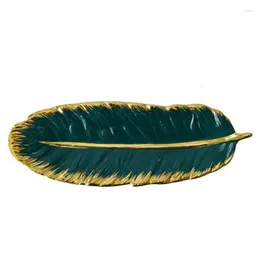 Plates Dark Green / Gold Feather Serving Platter 10 14 Inch Snack Storage Tray Ceramic Plate Dish