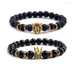 Strand Black Natural Volcanic Stone Bracelets Leopard Head Crown Elastic Rope Frosted Beaded Bangles Fashion Jewellery For Couples H214M