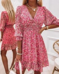 Casual Dresses Women's Dress 2024 Summer Pink Ditsy Floral Print Puff Sleeve Ruffle Hem Shirred Three-Quarter Sleeved V-Neck