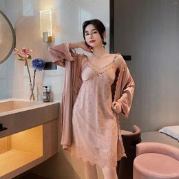 Women's Sleepwear 2PCS Women Robe Gown Set Bride Wedding Underwear Kimono Bathrobe Suit Lace Nightdress Spring Summer Rayon Lingerie