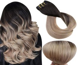 Highlights Clip in Human Hair Extensions Balayage Colour 1b natural black fading to 18 Ash Blonde Ombre Clips on Extension 120g88221426