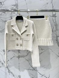 Work Dresses 2024 Early Spring White Plaid Pearl Patch Diamond Button Knitted Long Sleeved Jacket A-line Mini Skirt Two-piece Set