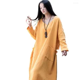 Casual Dresses Autumn Summer Cotton Linen Plus Size Women Loose Maxi Dress Solid Long Sleeve Vintage Oversize Vestidos