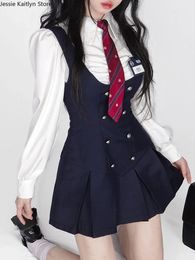 Autumn Japanese Kawaii School Uniform Women Korean Cute College Student JK Vintage White Shirt and Strap Dress Sets 2023 240226