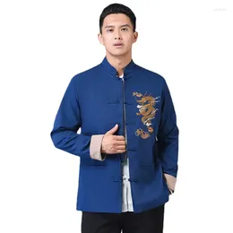 Men's Jackets Standing Collar Embroidered Jacket Retro Wedding Party Dress Coat Chinese Style Blue Black Classic 2024