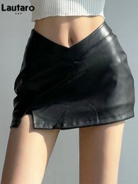 Dresses Lautaro Black Soft Stretchy Faux Leather Mini Skirt Women with Slit Low Waist Sexy Hot Girl Short Retro Summer Y2k Clothes 2022