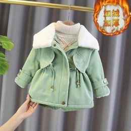 Jackets Kids Winter Plush Lapel Jacket Girls Coat Outerwear Fashion Gird One's Waist Windbreaker Thicken Warm Todler Clothes For 2-6 Y