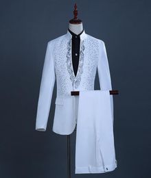 Men039s Suits Blazers White Stand Collar Diamond Jacket Pants Set Men Party Wedding Prom 2 Piece Suit Stage Singer DJ Club Dr9339498
