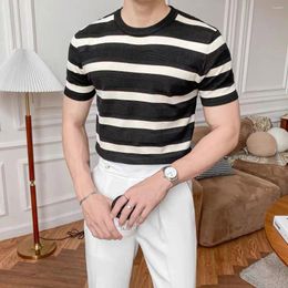 Men's T Shirts Summer T-Shirt Stripe Versatile Fashion Mens Casual Slim Short Sleeve Knitted Sweater O-Neck Tops A07