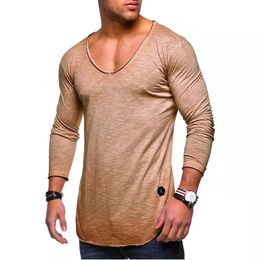 Spring Autumn Men TShirt Casual Long Sleeve Fitness Bodybuilding Solid Sexy VNeck T Shirts Male Clothing Tees 240307