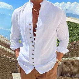 Mens Vintage Casual Shirts Cotton Linen Long Sleeve Street Wear Lapel Button Solid Colour Shirt For Men Vacation Blouse Top 240304