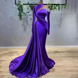 New Sexy Mermaid Purple Evening Dresses With Beaded Crystals Long Sleeve Velvet Satin Party Occasion Gowns Pleats Ruffles Prom Dre278H
