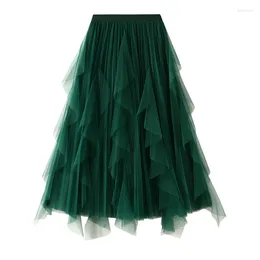 Skirts TIGENA Green Long Pleated Tulle Skirt For Women 2024 Spring Summer Elegant Solid A Line High Waist Mid-length Mesh Female