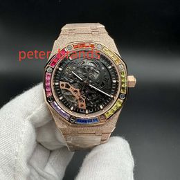 Fashions automatic men watch Frosted rose gold case 42mm Skeleton dial Baguette diamonds rainbow bezel.