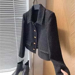 Vintage Woolen Cropped Jackets Korean Elegant Tweed Coats Autunn Lapel Slim Casual Office Lady Single Breasted Black Outerwear 240307