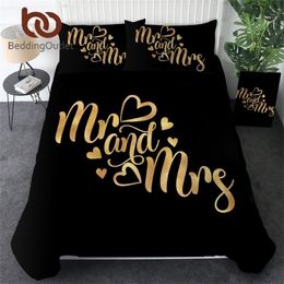 BeddingOutlet Luxury Bedding Sets Romantic Letters Duvet Cover for Couple Bedspreads Mr and Mrs Golden Bed Set Valentines Gift 201297S