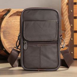 Leather mens crossbody bag casual mini shoulder bag vertical cowhide small bagpack mobile phone pouch waist bagon belt for man 240307