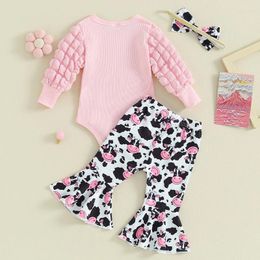 Clothing Sets Baby Girl Spring Outfits Long Bubble Sleeves Ribbed Romper Cow Print Flare Pants Set Born Infant Suit