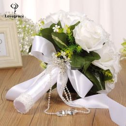 Wedding Flowers White Bridal Bouquet Artificial Roses For Bridesmaids Pearl Marriage Accessories182E