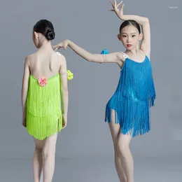 Stage Wear Blue Green Full Fringed Latin Dance Dress Girls Competition Dresses Kids Samba Chacha Rumba Costumes XS5699