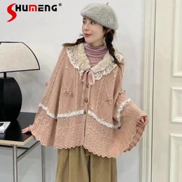 Women's Knits Japanese Cute Bow Knitted Cloak For Women 2024 Winter Sweet College Style Kawaii A- Line Sweater Coat Female Outer Wear