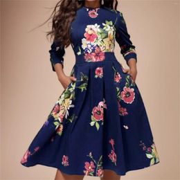 Casual Dresses Vintage Flower Print Women Long Dress Elegance Round Neck 3/4 Sleeve Pleated Summer Bohemia Holiday Slim Fit Vestidos 2024