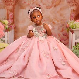 2024 Pink Little Kids Birthday Party Dresses Flower Girl Dresses Jewel Short Sleeves Beaded Rhinestones Flowergirl Dress Princess Queen Marriage Gowns NF116