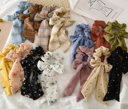 Floral Girl Hairband Chiffon Long Bow Streamer Hair Scrunchies Ties Ropes Ponytail Holder Accessories Flower Dots Plaid Stripe 12 4732346