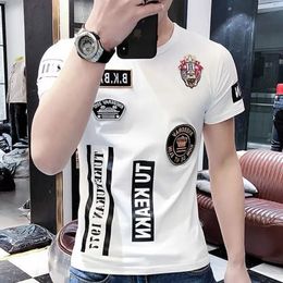 Fashion Summer Mens Slim Fit Casual Cotton with Round Neckline Patch Letter Printed White Short Sleeves TShirt for Men 240223