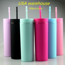 USA Local warehouse 16oz Acrylic Skinny Tumbler with lid colored straw Double Wall Beverage water bottle Soft matte Plastic Cup ea2207