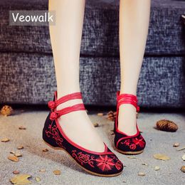 Veowalk Sunflower Embroidered Women Canvas Ballet Flats Ankle Strap Ladies Casual Cotton Chinese Embroidery Ballerina Shoes 240307