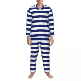 Men's Sleepwear Retro Nautical Pyjamas Set Autumn Navy Blue And White Stripe Fashion Night 2 Piece Casual Oversize Custom Nightwear