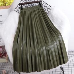 Skirts Pleated Long Leather Skirt For Women 2024 Spring Autumn Korean Casual Solid A Line High Waist Midi PU Female Green Z433