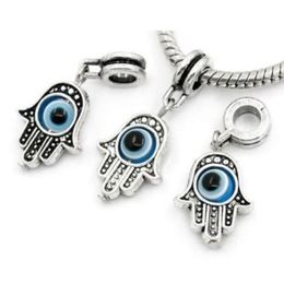 100pcs lot Silver Plated Hamsa Hand EVIL EYE Big Hole Charms pendant Dangle Beads For Bracelet diy Jewelry Making findings209U