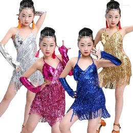 Stage Wear Children's Latin Dance Dress Costume Girls Group Competition Practice Clothes Sequin Costumes Ballroom Dresses