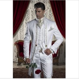 New Design Long Embroider White Wedding Men Suits Tuxedos Men Party Groomsmen SuitsJacket Pants Tie VestNO;236176A