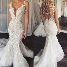 Mermaid Wedding Dresses Tulle 3D Floral Appliques Spaghetti Wedding Gowns Backless Sweep Train Vestidos De Novia282U