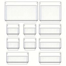 10Piece Versatile Drawer Organiser Set Clear Plastic Trays and Dividers in 4 Sizes for Perfect Makeup Kitchen Storage 240306