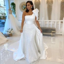 One Shoulder White Mermaid Wedding Dresses With Bow Satin And Sequined Overskirt Wedding Gowns Ribbons Bridal vestidos de novia246L