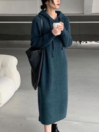 Casual Dresses Long-sleeved Dress Autumn Winter Hooded Collar LOOSE Sweater Women's Long Over-the-knee Knitted Elegant