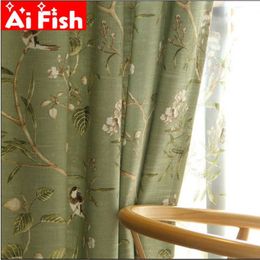 American Country Garden Cotton Linen Green Window Curtain For Living Room Birds Printed Bedroom Window Blackout Drapes WP145-40 21272I