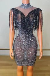 Stage Wear Women Singer Star Concert Sparkly Rhinestones Mesh Tassel Bodycon Dress Transparent Sexy Costume Prom Party Birthday Dres