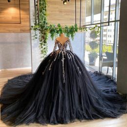 Black Ball Gown Quinceanera Dresses Sexy Off Shoulder Long Sleeve Lace Appliques Prom Dress Illusion Tulle vestidos de quincea era2629
