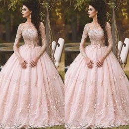 Pink Long Sleeve Prom Dresses Ball Gown Lace Appliqued Bow Sheer Neck 2022 Vintage Sweet 16 Girls Debutantes Quinceanera Dress Eve236S