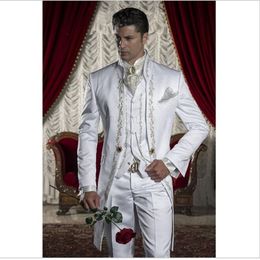 New Design Long Embroider White Wedding Men Suits Tuxedos Men Party Groomsmen SuitsJacket Pants Tie VestNO;2363157