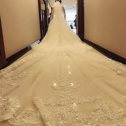 2022 In Stock Bridal Veils 3M 5M Lace Applique Edge Tulle Cathedral Length Wedding Veil White Ivory Real Image2303